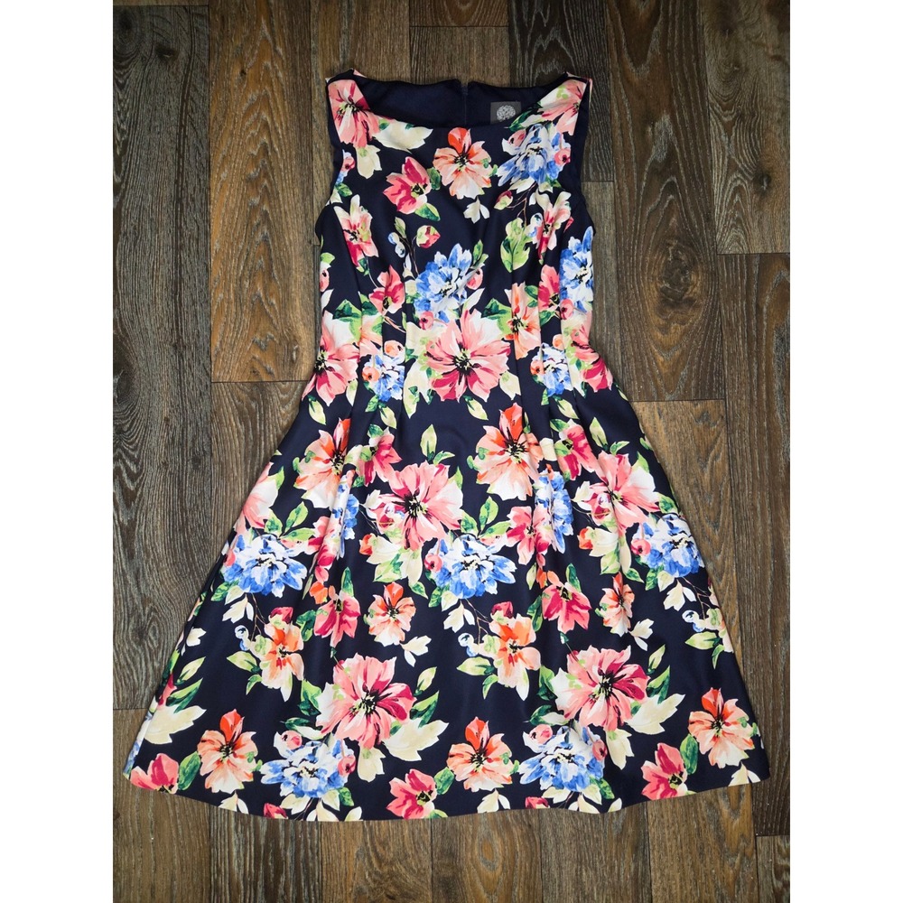 Vince Camuto Navy Blue Floral Sleeveless Fit and Flare Scuba Dress Size 8